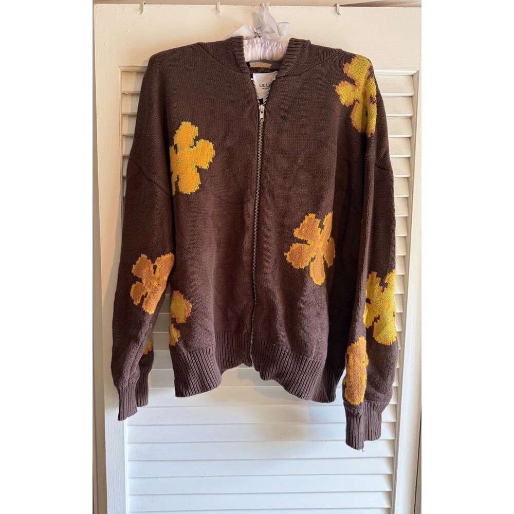 Le Lis Women’s S Brown Zip Up Cardigan Sweater Yellow Flowers Boho Cottagecore